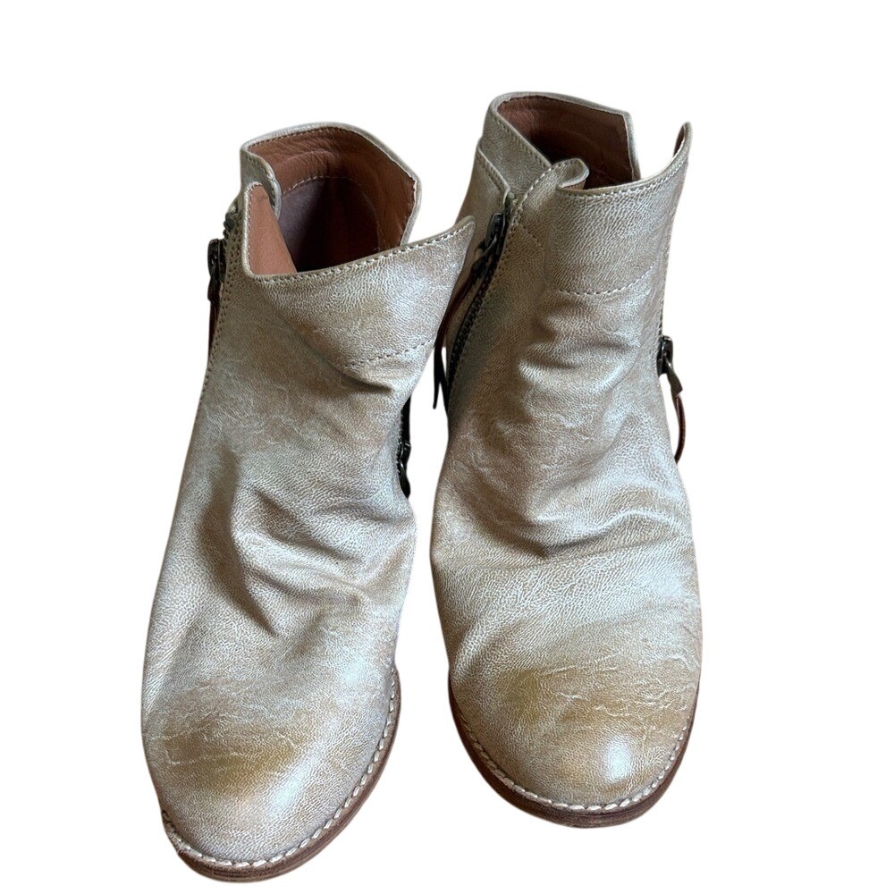 Womens Distressed Beige Leather Slouchy Ankle Boots Dual‎ Zip Stacked Heel 6.5